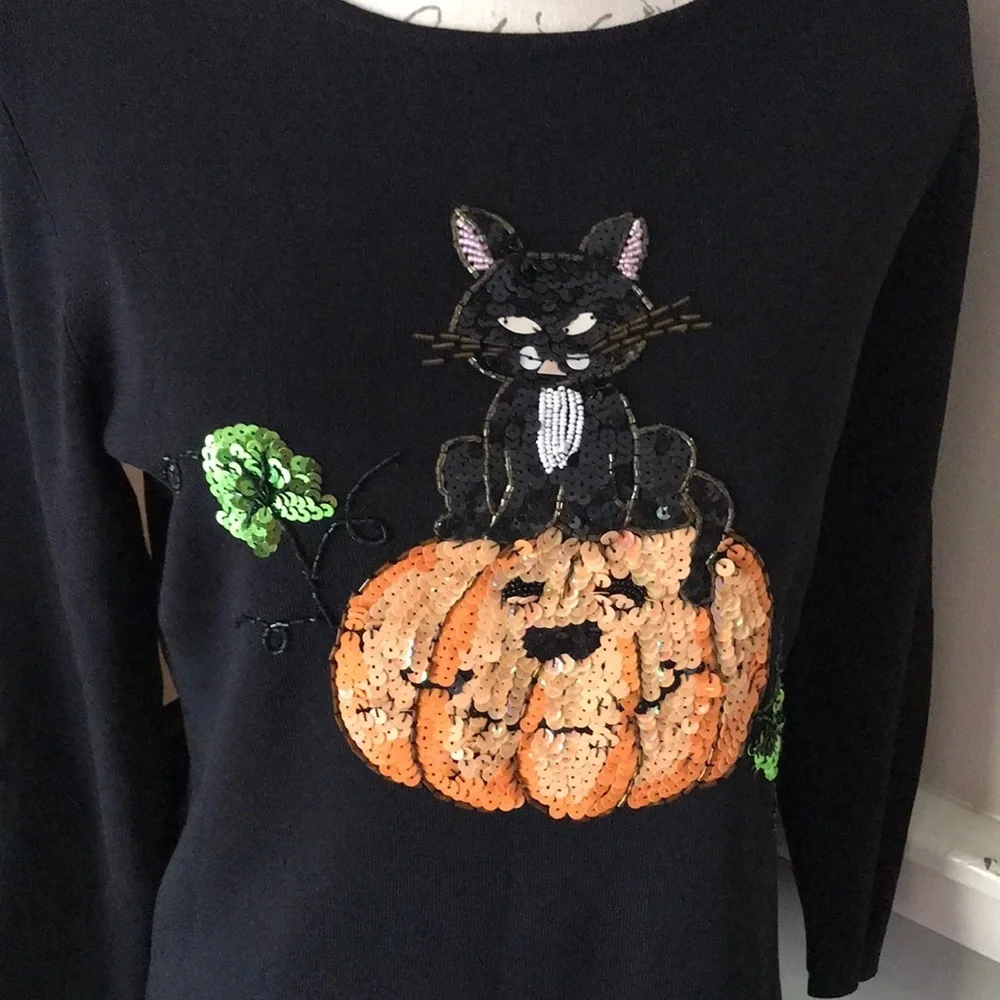 🖤 Black Cat Sequin Pumpkin Top L NWT 58.00 Last One Left - Picture 4 of 9